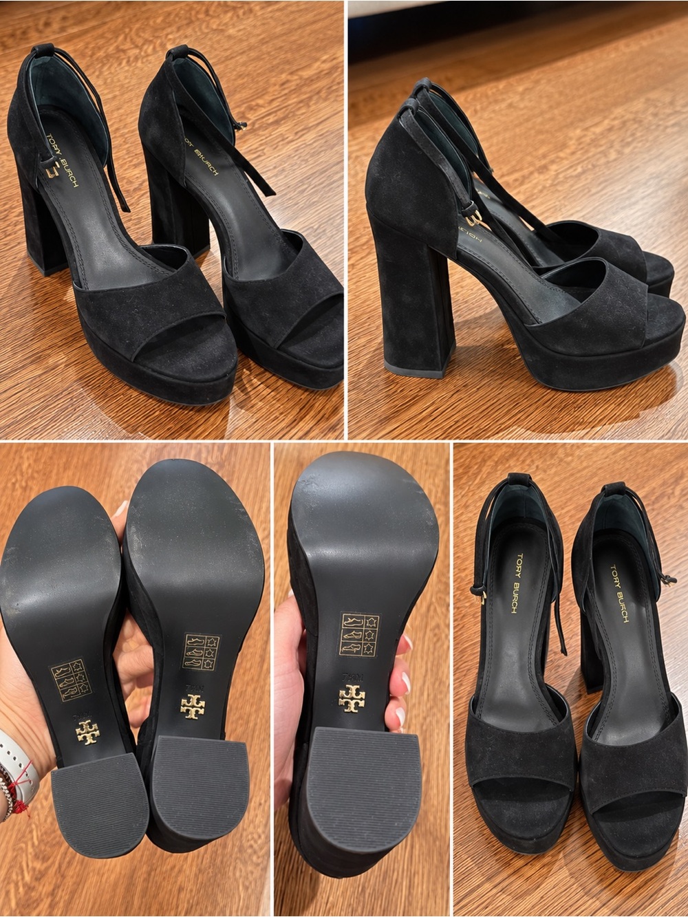 Tory Burch Black Suede Platform Block Heel Sandals with Ankle Tie 7.5 womens
